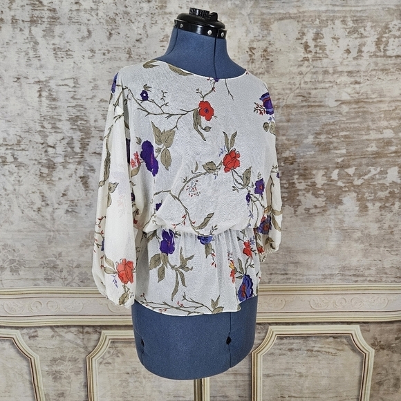 Vintage 1970s Sheer Blouse Ivory Floral Top Peplum 3/4 Sleeves Purple Red - Picture 2 of 8